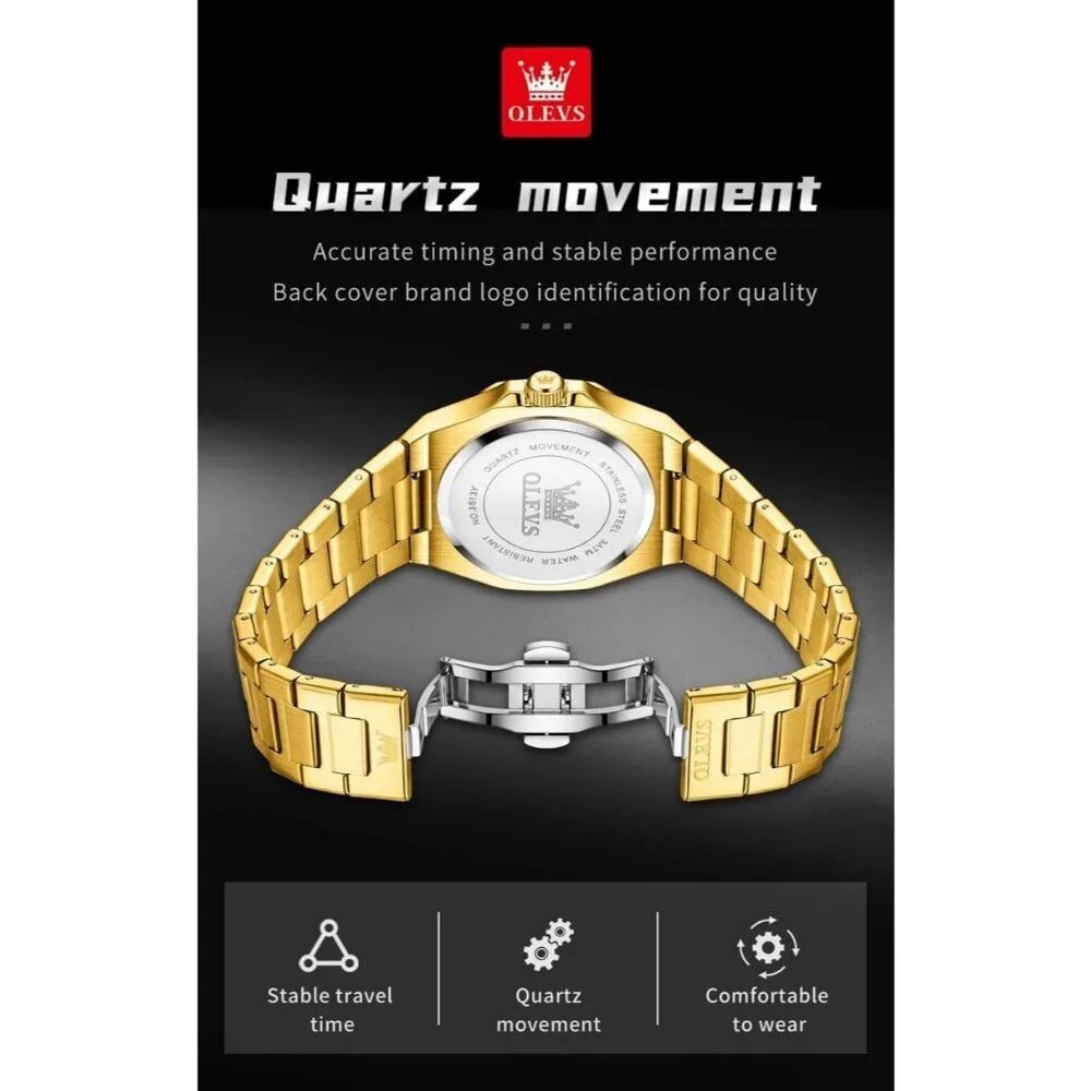 Olevs Men's Gold Stainless Steel Analog Luminous Waterproof Easy Wear Watch